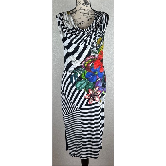 Desigual Women's Sara Draped Fitted Stripped Floral Printed Bodycon Dress Small - Picture 2 of 10